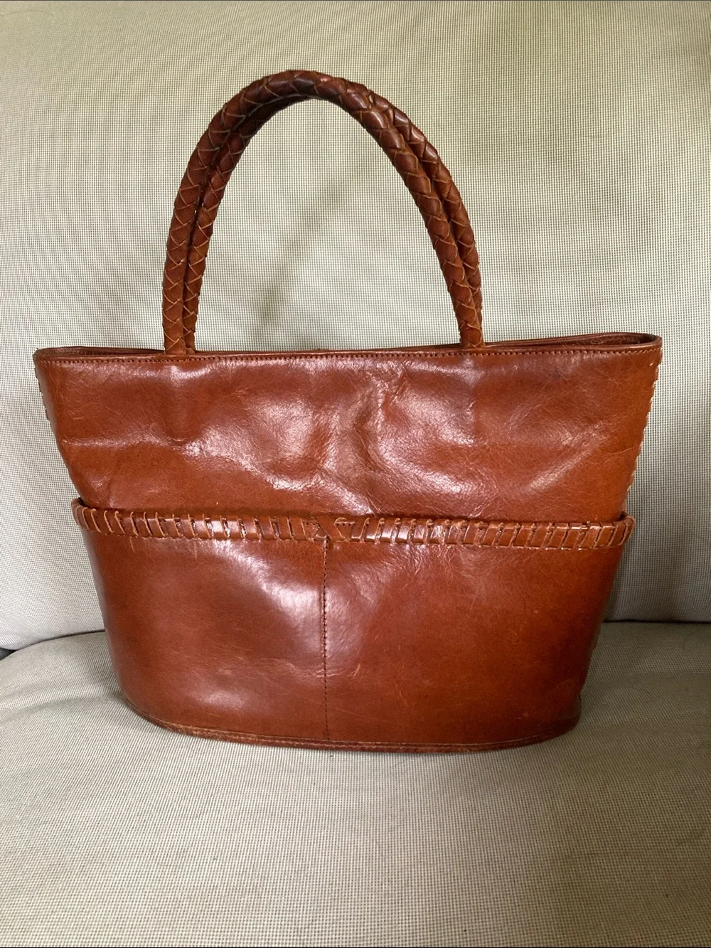 Kenneth Cole Braided Handle Chestnut Leather Tote Style HandBag